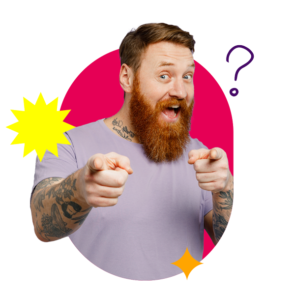 Lachender Mann mit Bart und Fragezeichen im Hintergrund