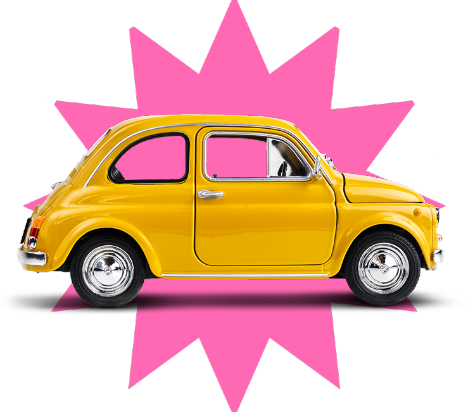 Gelber Kleinwagen vor pinkem Sternhintergrund.