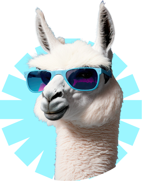 Weißes Alpaka mit Sonnenbrille vor blauem Hintergrund.