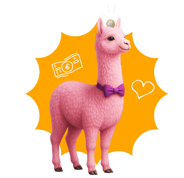 Rosa Lama mit Fliege und Münze auf dem Kopf vor orangem Hintergrund