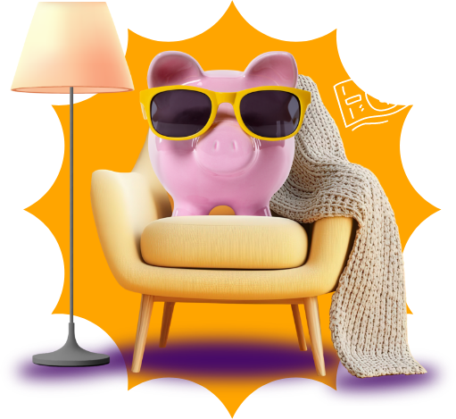 Sparschwein mit Sonnenbrille sitzt im Sessel neben Lampe.
