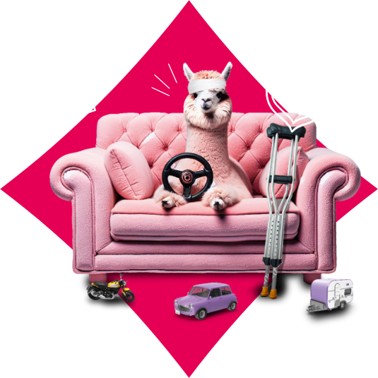 Lama auf pinkem Sofa mit Lenkrad, Krücken und Schutzsymbolen.
