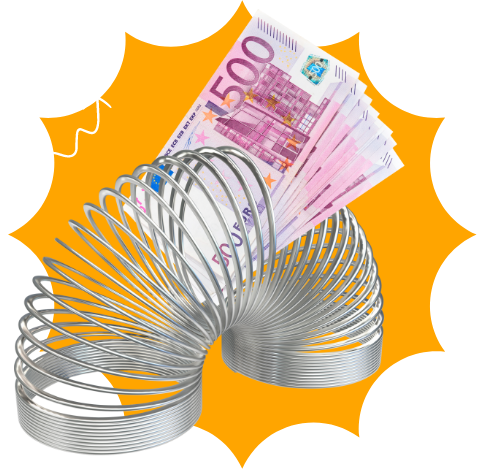 Geldscheine in einer Spiralfeder vor orangem Hintergrund.